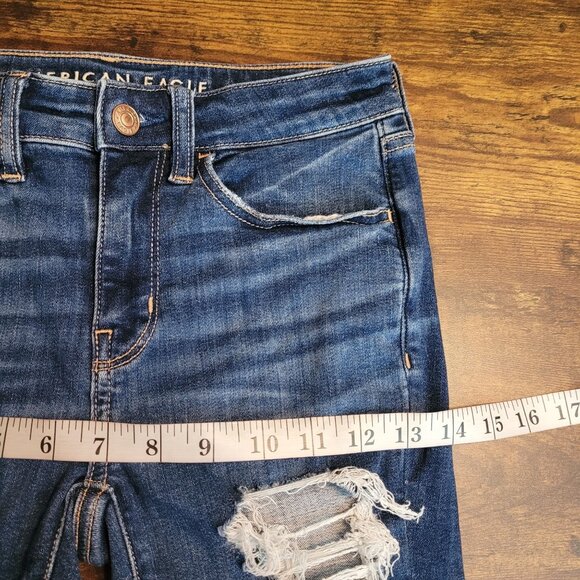 American Eagle Jeans 2 L Next Level Stretch Jegging Low Rise Ripped Medium Dark - Picture 8 of 12